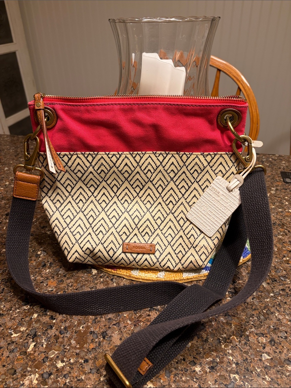 Fossil Red, Cream & Black Geometric Crossbody Bag